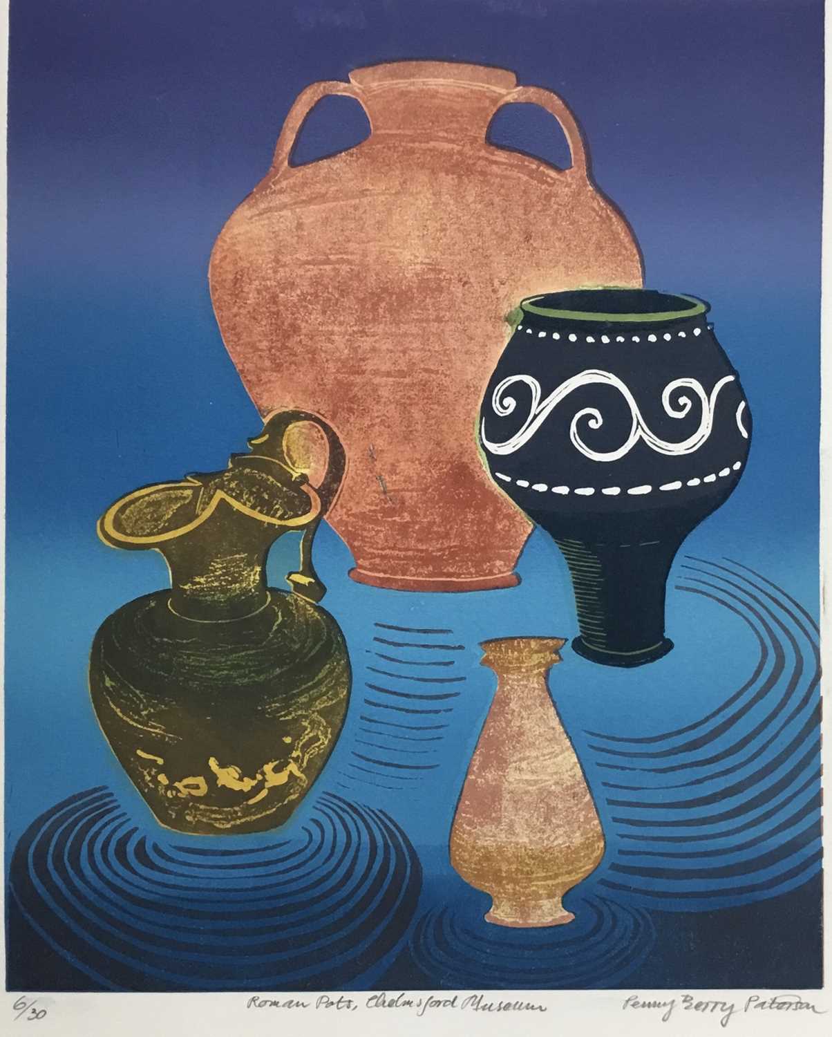 Lot 183 - Penny Berry Paterson (1941-2021) colour linocut, Roman Pots, Chelmsford Museum, signed and numbered 6/30, 33 x 27cm