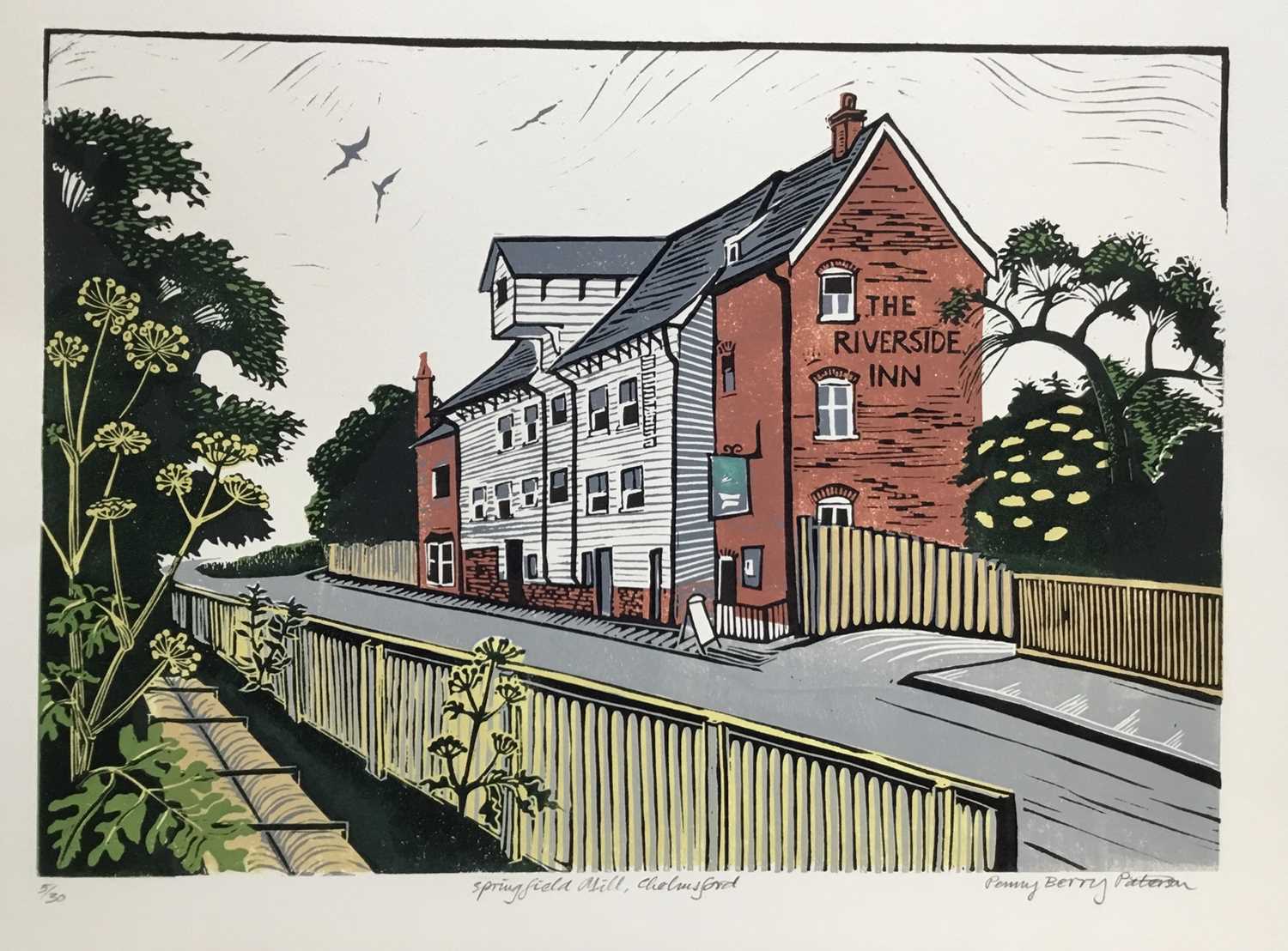 Lot 185 - Penny Berry Paterson (1941-2021) colour linocut print, Springfield Mill, Chelmsford, signed and numbered 5/30, 28 x 41cm
