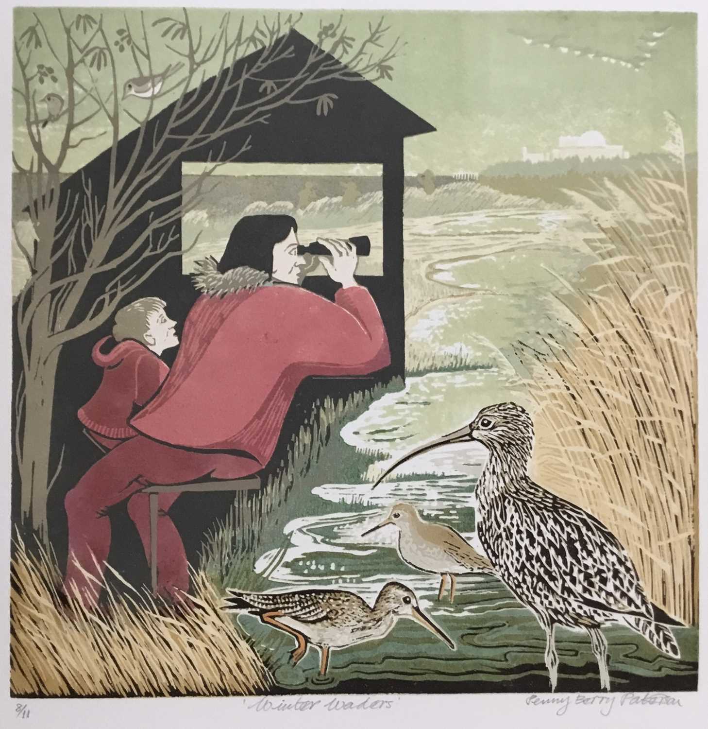 Lot 186 - Penny Berry Paterson (1941-2021) colour linocut print, Winter waders, signed and numbered 8/11, 27 x 27cm