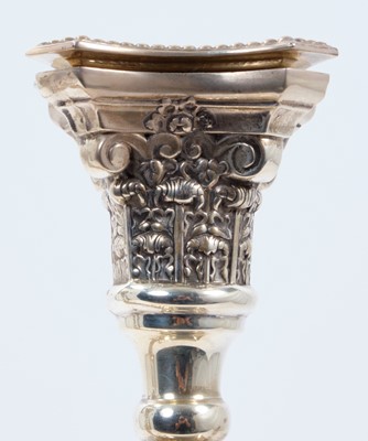 Lot 324 - Pair late 1920s silver candles sticks in the Georgian style, with tapering columns