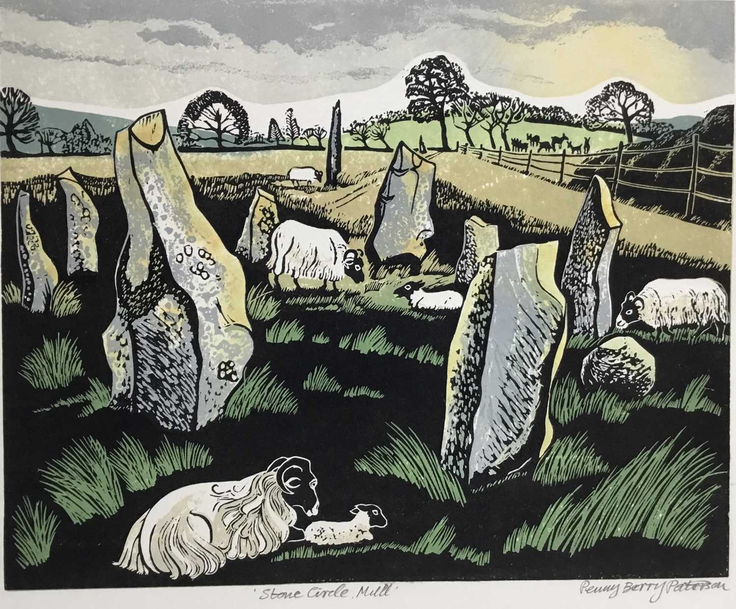 Lot 187 - Penny Berry Paterson (1941-2021) colour linocut print, Stone circle, Mull, signed and numbered H/C, 28 x 34cm