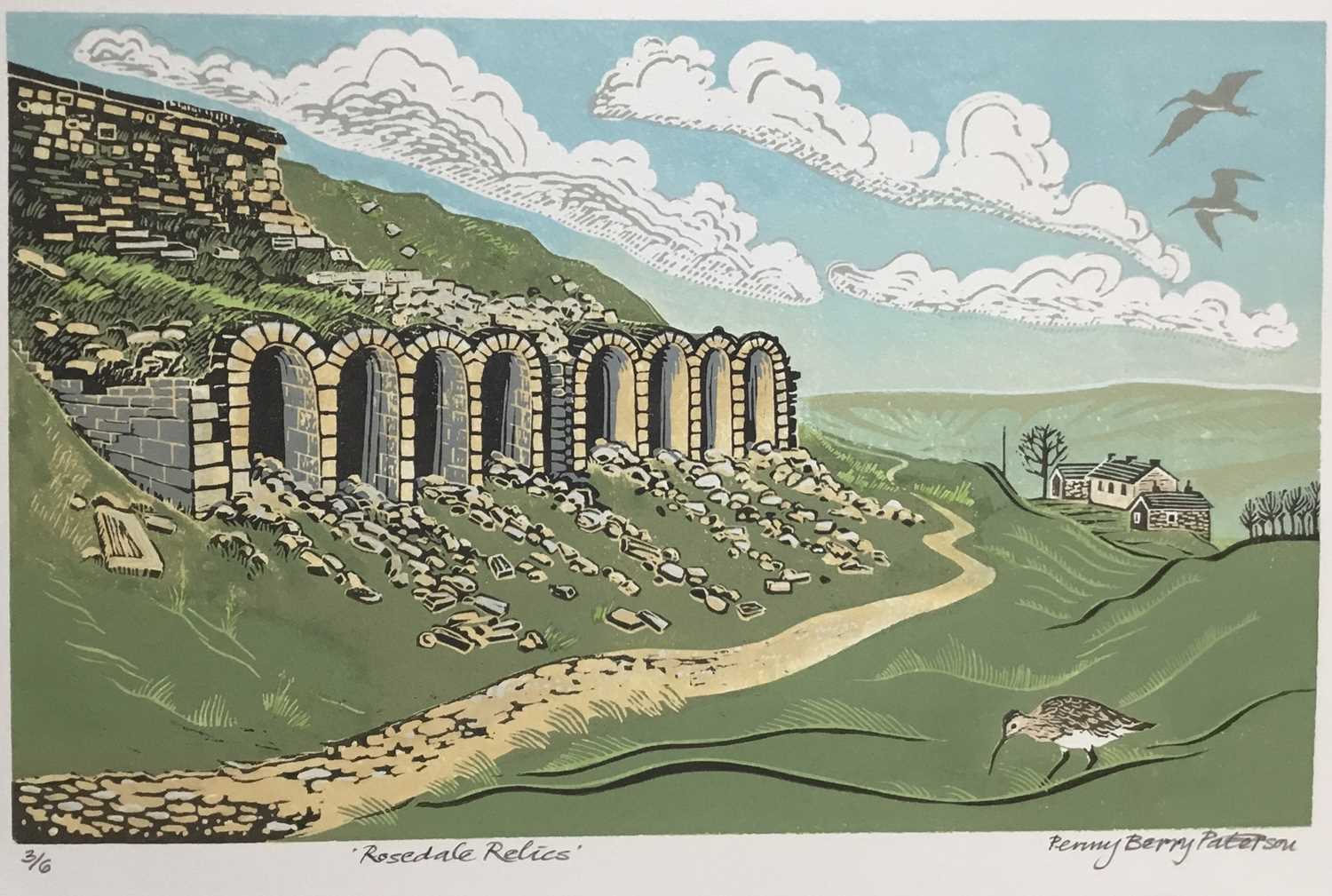 Lot 188 - Penny Berry Paterson (1941-2021) colour linocut print, Rosedale Relics, signed and numbered 3/6, 24 x 40cm