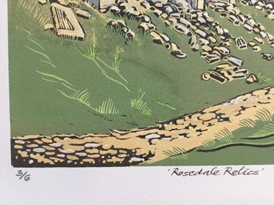 Lot 188 - Penny Berry Paterson (1941-2021) colour linocut print, Rosedale Relics, signed and numbered 3/6, 24 x 40cm