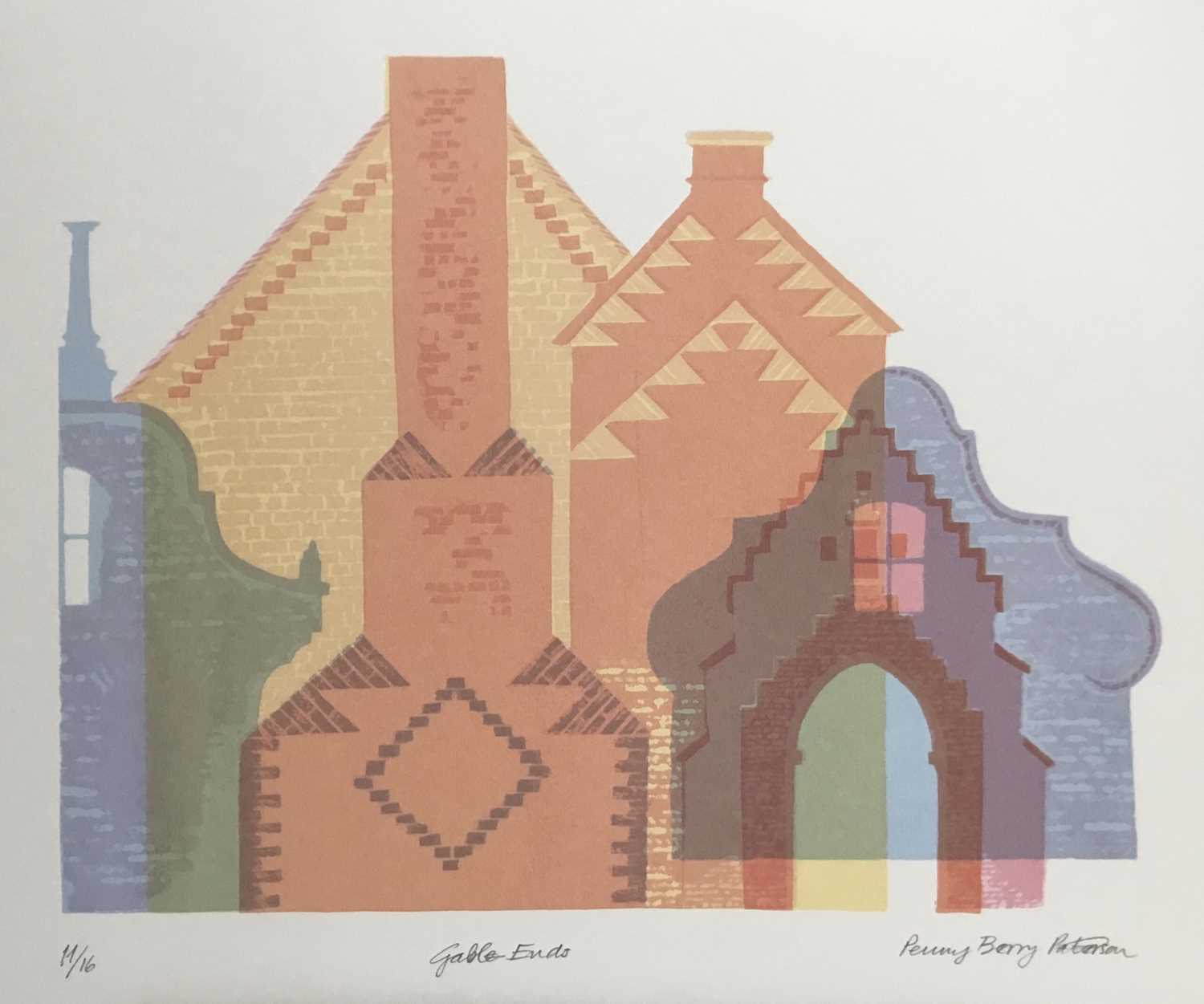 Lot 189 - Penny Berry Paterson (1941-2021) colour print, Gable Ends, signed and numbered 11/16, image 29 x 37cm