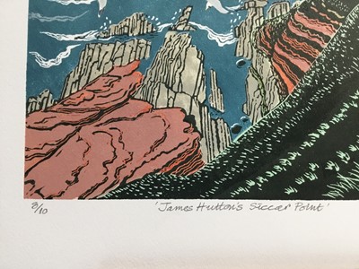 Lot 192 - Penny Berry Paterson (1941-2021) colour linocut print, James Hutton's Siccar Point, signed and numbered 8/10, 29 x 33cm
