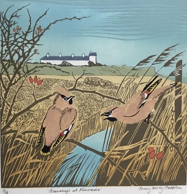 Lot 193 - Penny Berry Paterson (1941-2021) colour linocut print, Waxwings at Minsmere, signed and numbered 11/14, 28 x 28cm