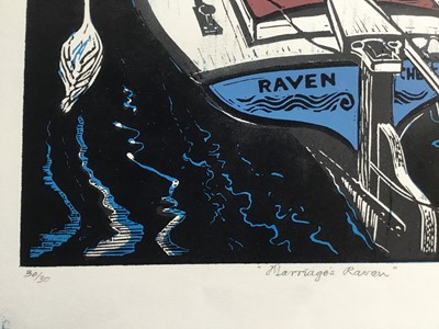 Lot 195 - Penny Berry Paterson (1941-2021) colour linocut print, Marriages Raven, signed and numbered 30/30, 47 x 31cm