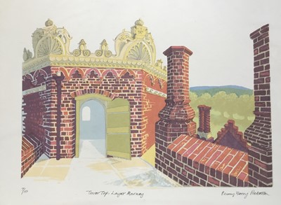 Lot 197 - Penny Berry Paterson (1941-2021) colour linocut print, Tower top, Layer Marney, signed and numbered 7/10, 27 x 38cm