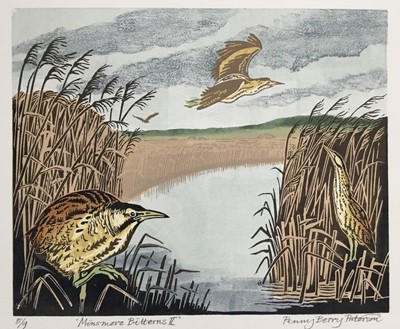 Lot 200 - Penny Berry Paterson (1941-2021) colour linocut print, Minsmere Bitterns, signed and numbered 5/9, 24 x 29cm