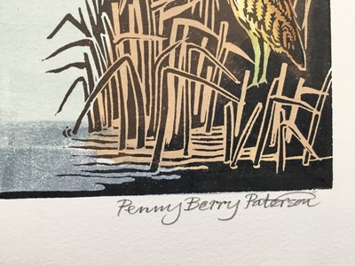 Lot 200 - Penny Berry Paterson (1941-2021) colour linocut print, Minsmere Bitterns, signed and numbered 5/9, 24 x 29cm
