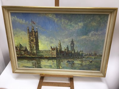 Lot 12 - Charles Brooker (20th century) oil on board - Houses of Parliament from the Thames