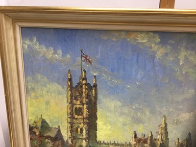 Lot 12 - Charles Brooker (20th century) oil on board - Houses of Parliament from the Thames