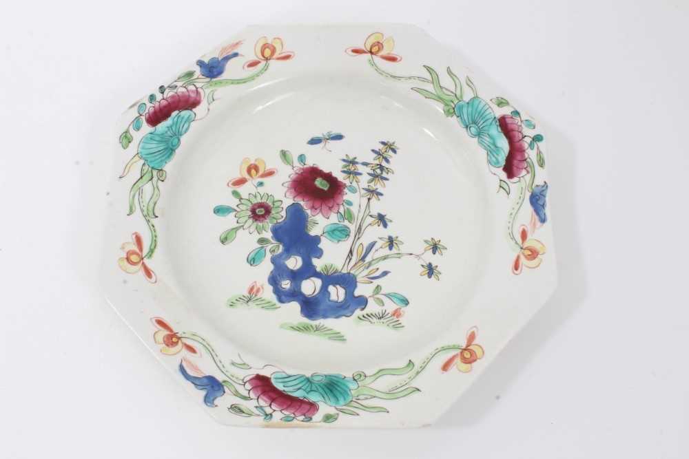 Lot 16 - Bow octagonal plate, circa 1753-54, painted in the Chinese famille rose style with flowers, 22cm across