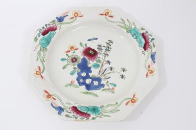 Lot 237 - Bow octagonal plate, circa 1753-54, painted in the Chinese famille rose style with flowers, 22cm across