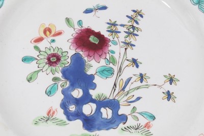 Lot 16 - Bow octagonal plate, circa 1753-54, painted in the Chinese famille rose style with flowers, 22cm across