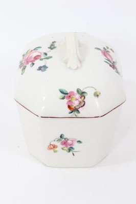 Lot 23 - Derby canted rectangular butter tub and cover, circa 1760-65, polychrome painted with floral sprays, with red-painted rims, 12cm across