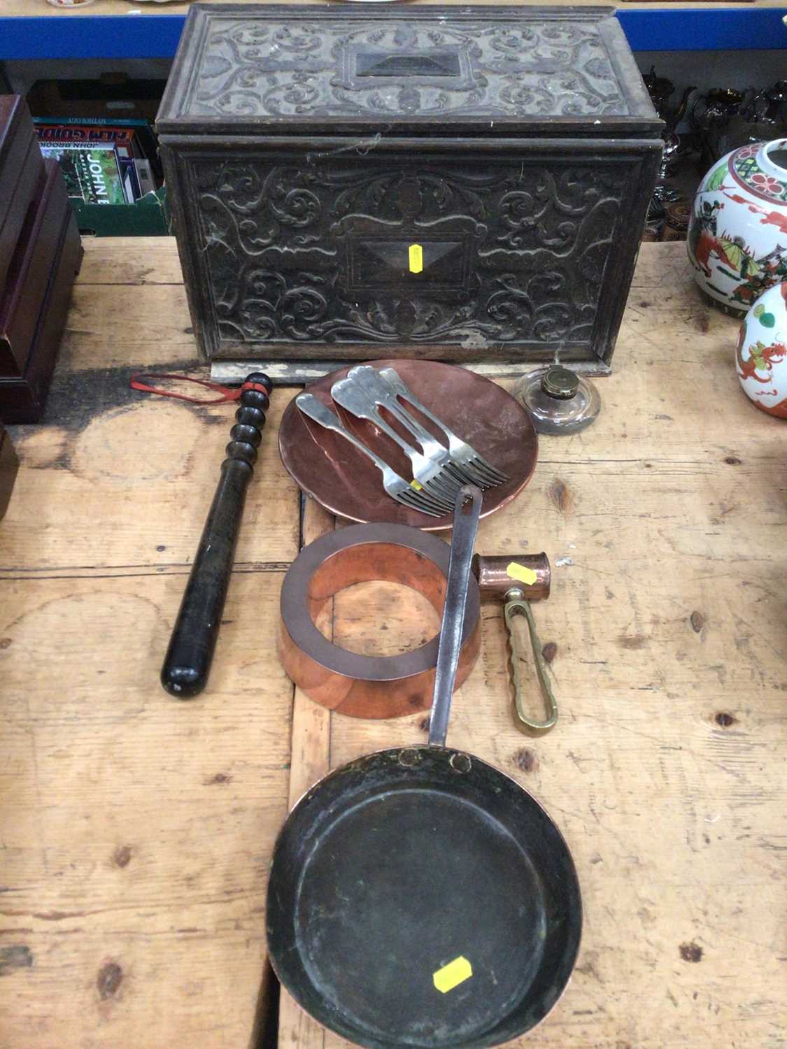 Lot 70 - Carved Jacobean style box, inkwell, copper items and a truncheon
