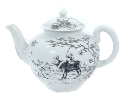 Lot 30 - Worcester teapot and cover, circa 1755-56, decorated in monochrome black with the Boy on a Buffalo pattern, 13.5cm high