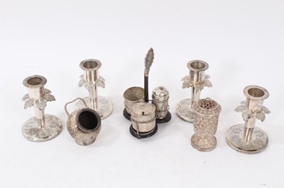 Lot 420 - Eastern white metal candlesticks and other items