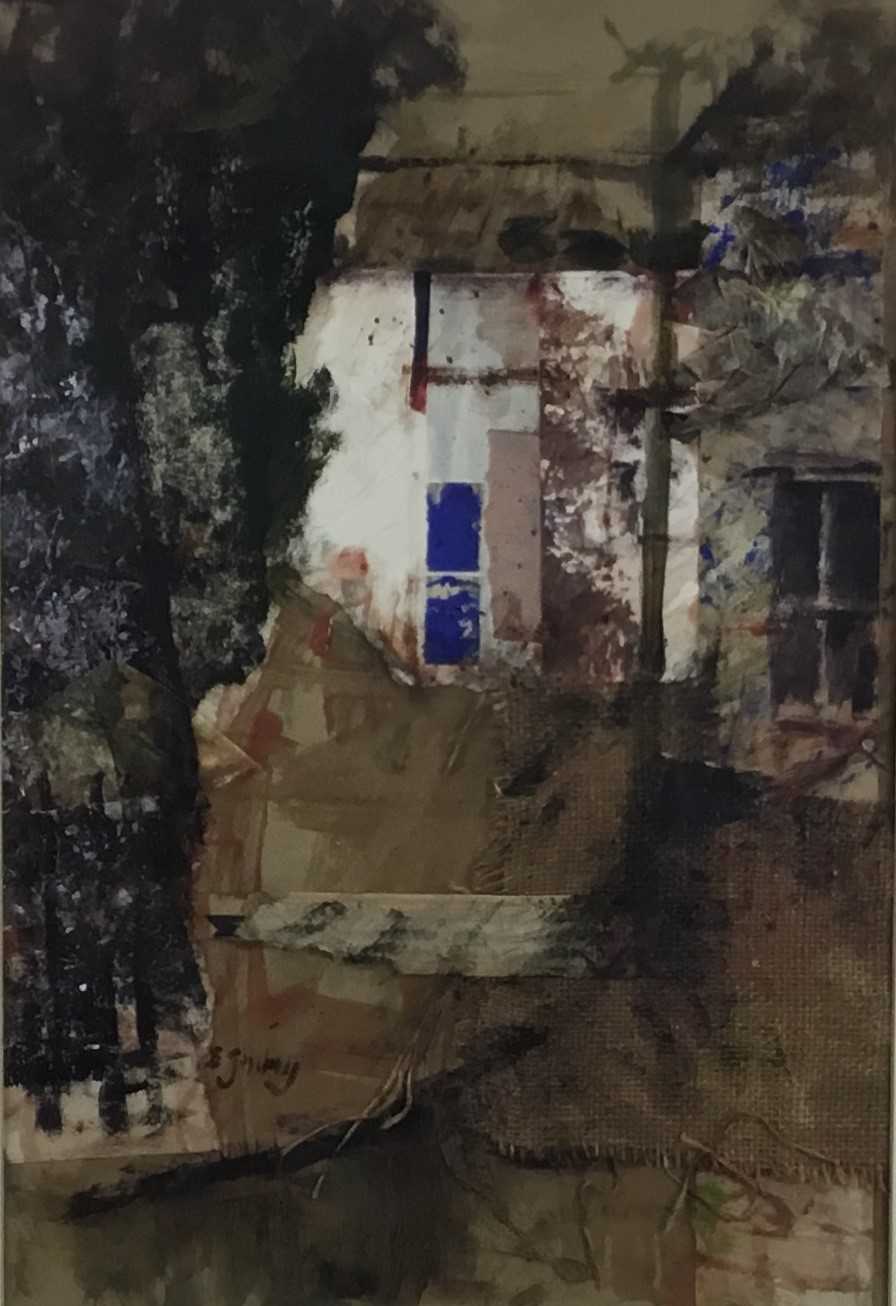 Lot 15 - Edward Gentry (b. 1943)  mixed media and collage ‘Houses at Moniaive’n