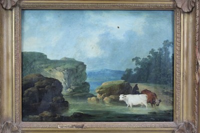 Lot 1312 - Attributed to Julius Caesar Ibbetson (1759-1817) oil on panel - cattle watering with resting herdsman, 22cm x 30cm, in gilt frame