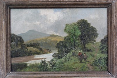 Lot 1285 - James Peel (1811-1906) oil on canvas - wood gatherers beside a river, signed, 23cm x 36cm, framed