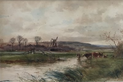Lot 130 - Henry Charles Fox (1855-1929) river landscape with cattle, signed, watercolour