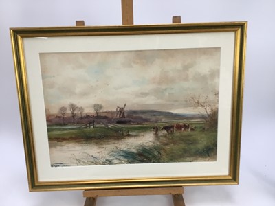 Lot 130 - Henry Charles Fox (1855-1929) river landscape with cattle, signed, watercolour