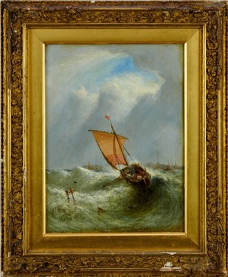 Lot 1292 - William Callcott Knell (1830-1880) oil on board - a fishing boat in a swell off the coast, signed and dated 1874, 29.5cm x 22cm, in gilt frame