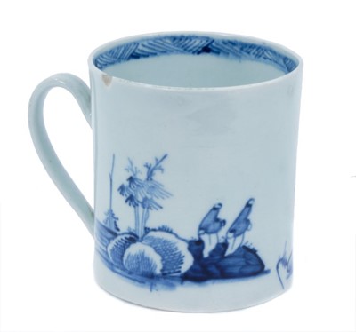Lot 53 - Chaffer's Liverpool mug, circa 1760, decorated in underglaze blue with Chinese watery landscapes, 5.5cm high