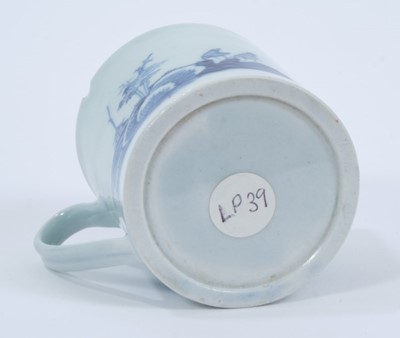 Lot 53 - Chaffer's Liverpool mug, circa 1760, decorated in underglaze blue with Chinese watery landscapes, 5.5cm high