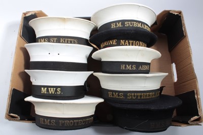 Lot 732 - Collection of 9 Royal Navy and other Ratings caps, some with named tallies to include HMS Belfast, HMS St. Kitts, HMS Protector and others