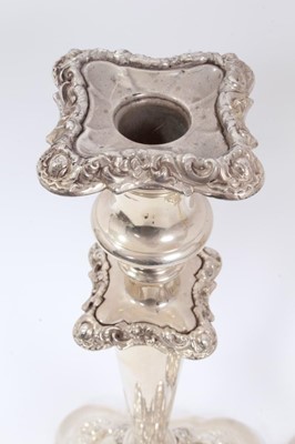Lot 325 - Pair silver plated candlesticks, with tapering conical stems