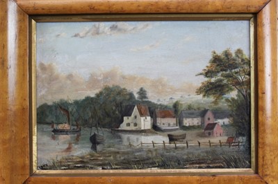 Lot 1084 - J. Crane 
A view of Pin Mill on the Orwell, oil on canvas, signed and dated 1885, 
in maple frame. 17 x 24cm.