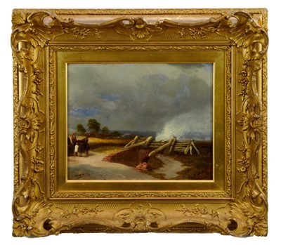 Lot 1085 - John Sell Cotman 1782 - 1842 
A landscape with rustic figures by a bridge, oil on canvas, signed, 
in gilt frame. Exhibition label verso. 25 x 31cm.