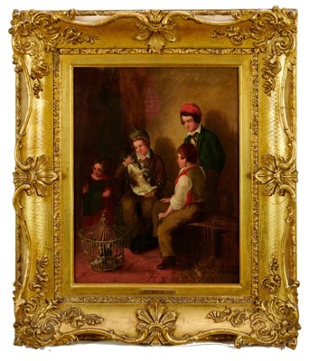 Lot 1289 - E.H. Bott (Jnr) 1849 
"The Exchange", children in an interior with a rabbit and two pigeons, 
oil on canvas, signed, inscribed and dated verso, in gilt frame. 
45 x 34cm.