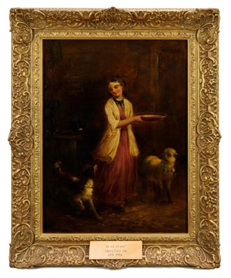 Lot 1288 - Henry Earp Snr. 1831 - 1914 
"It's Not For You", a stable interior with a girl, a lamb and a dog, 
oil on canvas, signed and dated 1856, in gilt frame. 54 x 40cm.