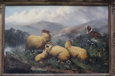 Lot 1283 - John W. Morris 1865 - 1924 
A hilly landscape with a sheep dog guarding sheep, oil on canvas, 
signed, in gilt frame. 49 x 76cm.