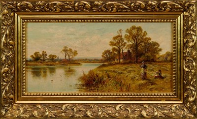 Lot 1280 - Alfred Augustus Glendening 1861 - 1907 
An extensive river landscape with children and their mother raking 
hay, oil on canvas, signed with initials and dated '89, in gilt frame. 
19 x 39cm.