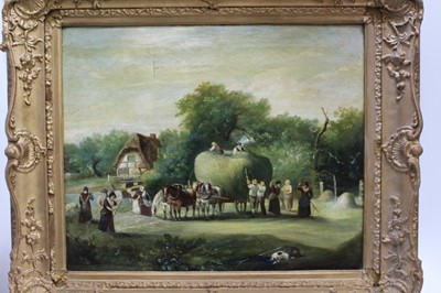 Lot 1282 - English School, 19th Century,  A hay making scene with many villagers loading a horse drawn 
wagon, in gilt frame. 49 x 59cm.