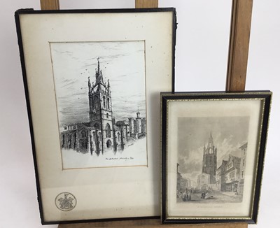 Lot 121 - J. Embleton (early 20th century) pen and ink- The Cathedral, Newcastle on Tyne, signed and inscribed, 19 x 13cm, and an engraving of St Nicholas Church (now Newcastle Cathedral), glazed frames. (2)
