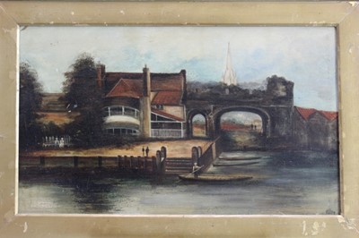 Lot 1125 - Norwich School 19th century, "A View of Pulls Ferry, the Cathedral Beyond", oil on board, indistinctly signed, in gilt frame, 32 x 53cms