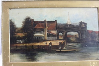 Lot 1125 - Norwich School 19th century, "A View of Pulls Ferry, the Cathedral Beyond", oil on board, indistinctly signed, in gilt frame, 32 x 53cms
