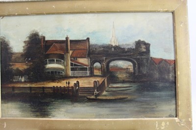 Lot 1125 - Norwich School 19th century, "A View of Pulls Ferry, the Cathedral Beyond", oil on board, indistinctly signed, in gilt frame, 32 x 53cms