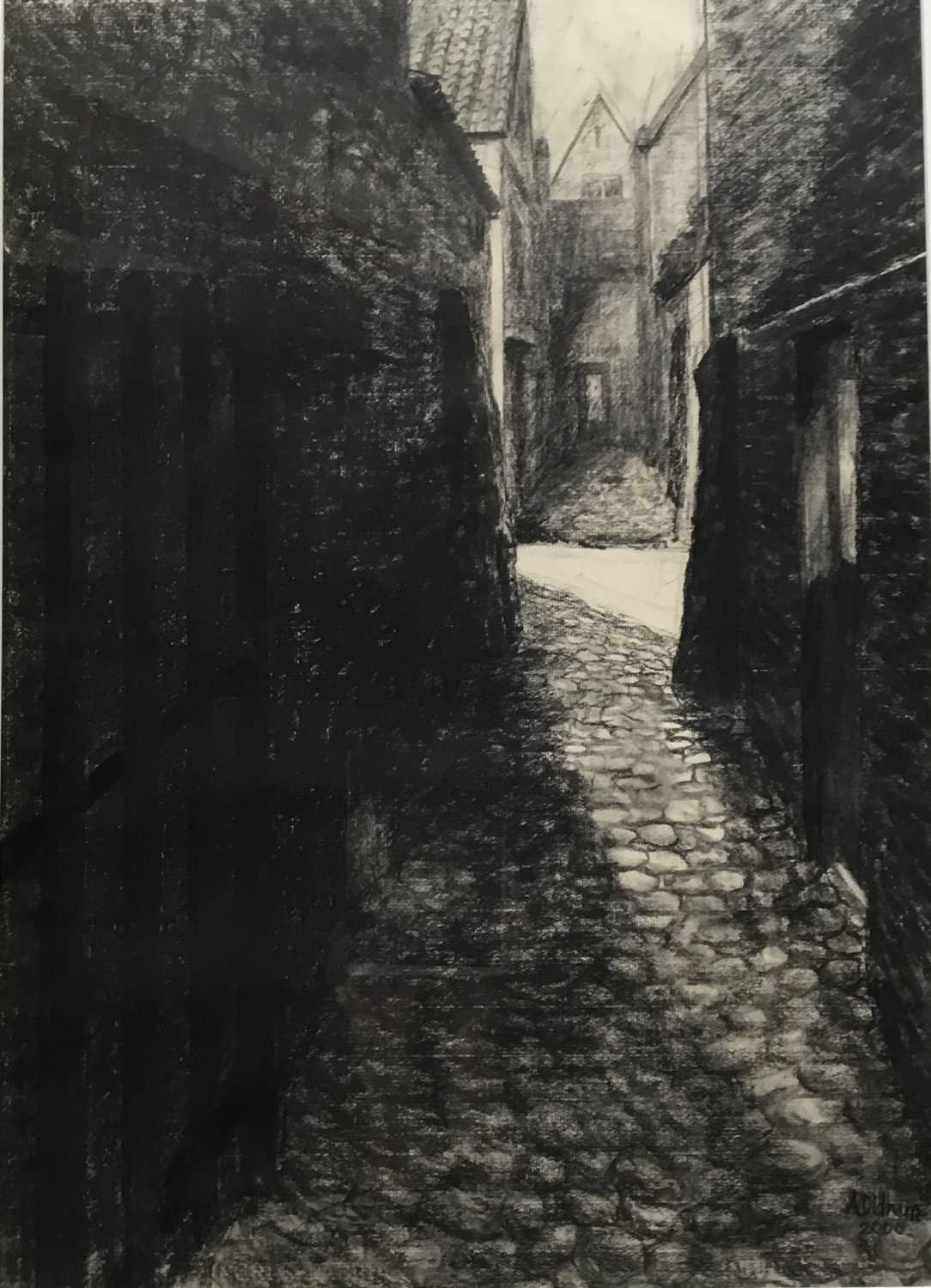 Lot 30 - Arthur Oldham (Contemporary) charcoal, Bruges Alleyway, signed and dated 2000, 69 x 48cm, glazed frame