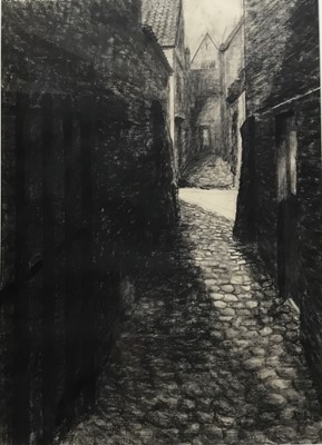 Lot 170 - Arthur Oldham (Contemporary) charcoal, Bruges Alleyway, signed and dated 2000, 69 x 48cm, glazed frame