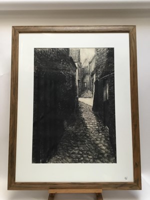 Lot 170 - Arthur Oldham (Contemporary) charcoal, Bruges Alleyway, signed and dated 2000, 69 x 48cm, glazed frame