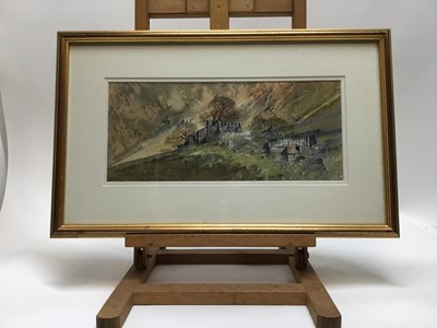 Lot 50 - Malcolm Edwards (20th century) mixed media, End of an era, Smowdonia, 17 x 38cm, glazed frame, Thompson's Gallery label verso