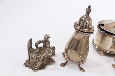 Lot 359 - A selection of miscellaneous silver including pair knife rests, various condiments, trumpet vase, napkin rings, toilet bottles and other items (Various dates and makers), together with a plated com...