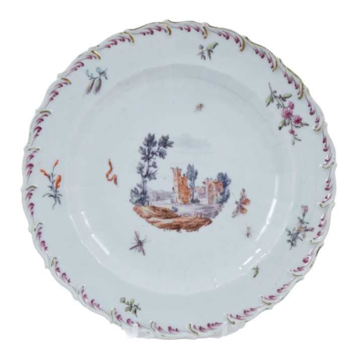 Lot 91 - Chelsea plate, circa 1758, polychrome decorated with ruins, surrounded by insects and floral sprays, 21cm diameter=